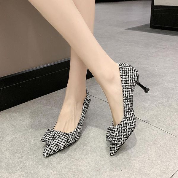 

dress shoes women high heels single female spring fashion designer style plaid stripes pointed toe wedding party woman w37-12, Black