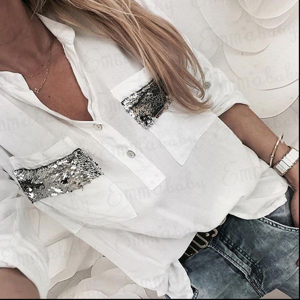 

2018 new women white blouse long sleeve button down low cut blouse white casual shirt fashion clothes