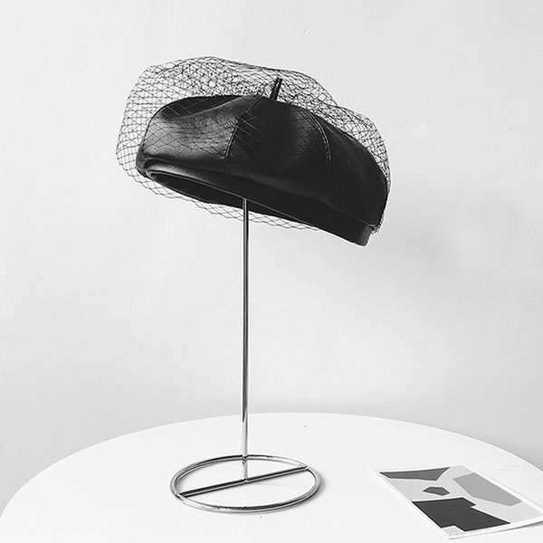 

berets new fascinating black winter hat chic leather french with veil mesh show fashion double layer warm women beanies cap byex, Blue;gray