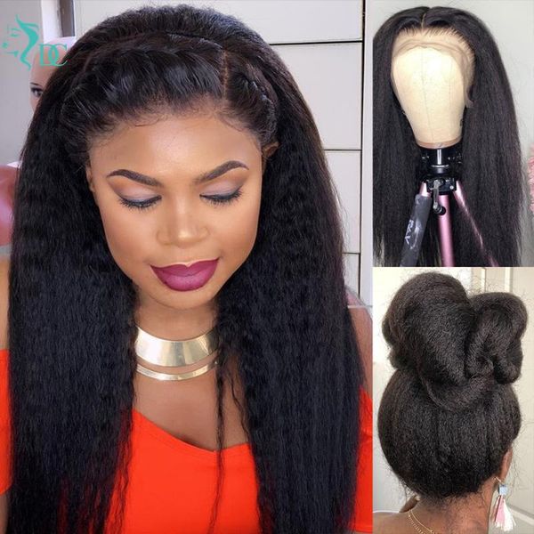 

lace wigs kinky straight 13x1 front human hair wig brazilian glueless 180% remy with baby t part yaki, Black;brown
