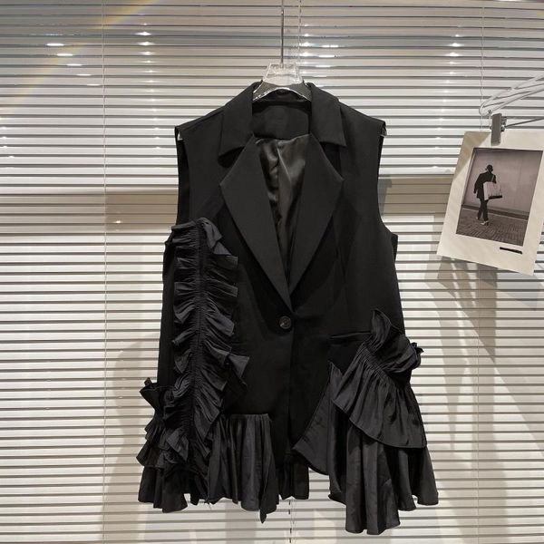 

women's vests pleated lace stitching hem suit vest women 2021 autumn loose waistcoatat, Black;white