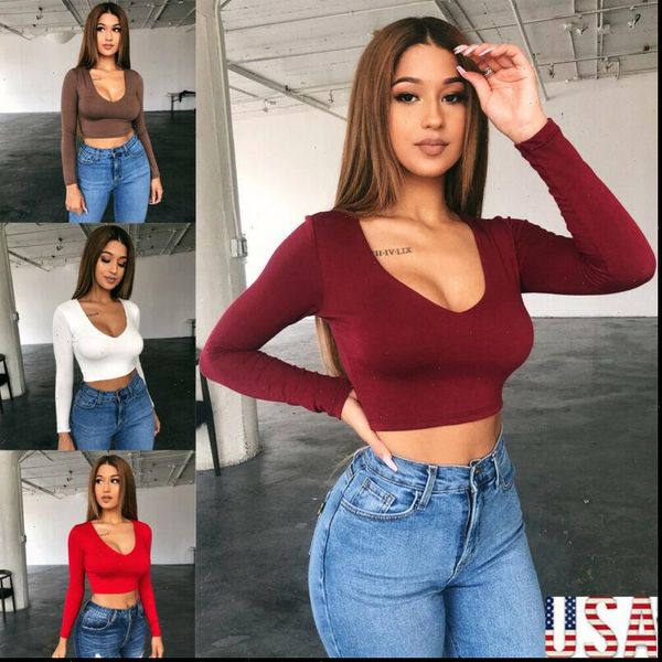 

2021 women solid crop vest blouse bandage clubwear long sleeve tee skinny solid basic casual tee tank 5, White