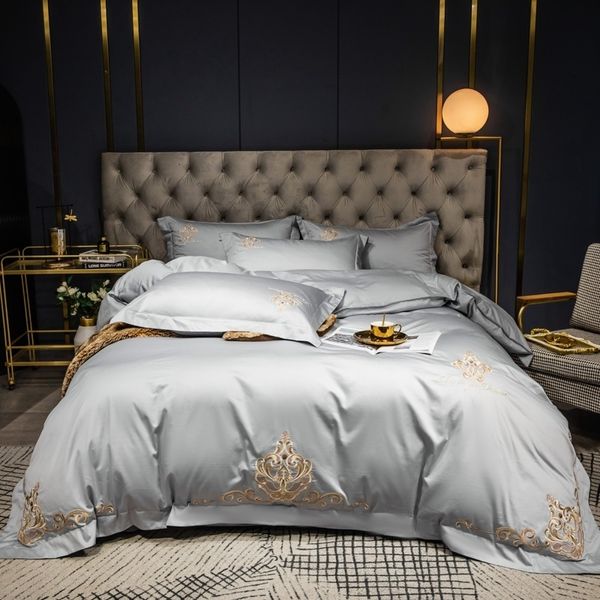 60 egípcio conjunto de cama de algodão conjunto bordado cor sólida tampa de edredão de cama de cama de casas de casos de casas de casamento fronhas chapas plana # 210317