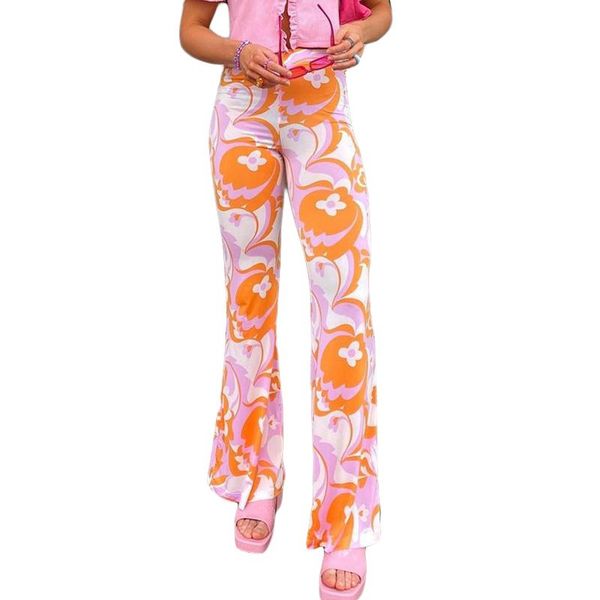 

women's pants & capris women spring flared trousers, full floral printing high-waist ankle-length bell-bottomed for girls, Black;white