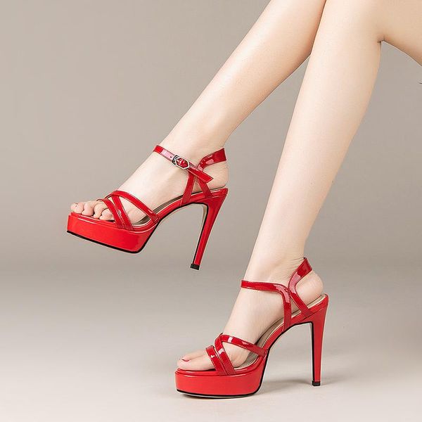 

2021 new leather sandals women summer high heels fashion casual shoes thin strap combination waterproof platform design, Black
