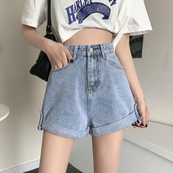 

women's shorts summer 2021 broad leg denim thin breeches rolled down casual short pants in a straight line retro high waist, White;black