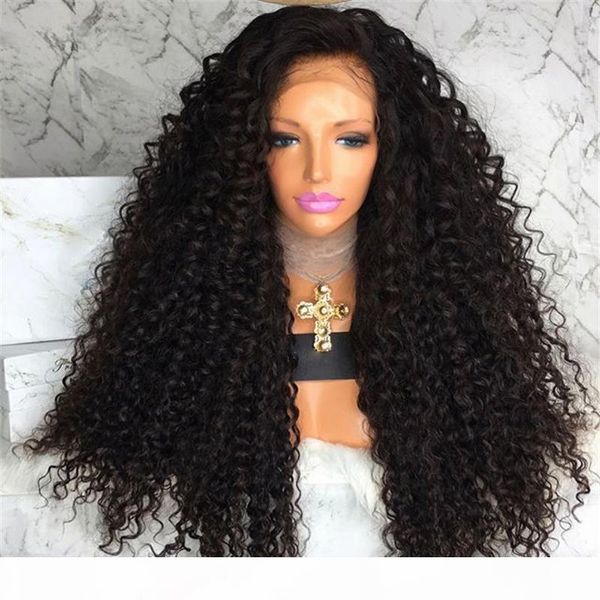 

unprocessed shine new arrival raw grade virgin human hair natural color deep wave long full front lace wig for sale, Black;brown