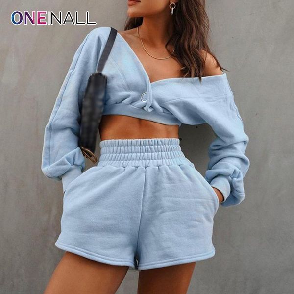 

women's tracksuits oneinall blue two piece set for women v-neck long sleeve short blouses high waist shorts 2021 summer trousers suits, Gray