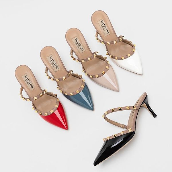 

beige heeled sandals shoes shallow woman's slippers slides rivet pointed toe black 2021 fretwork high soft thin rome casual lace