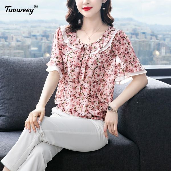 

women's blouses & shirts 2021 fashion chiffon women blouse and office short sleeve floral with tie o neck loose female clothing, White
