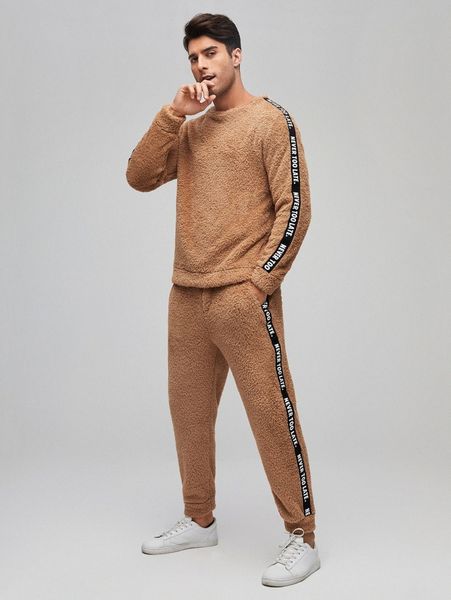 

men slogan tape side striped flannel sweatshirt & pants set h5qb#, Gray