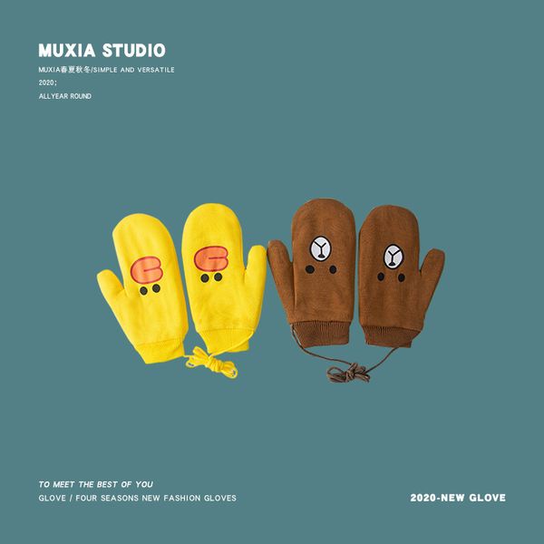 

gloves female students cute cartoon printed warm version plush winter neck finger cotton gloves tide, Black