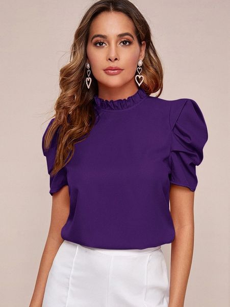 

frill neck puff sleeve z9x2#, White