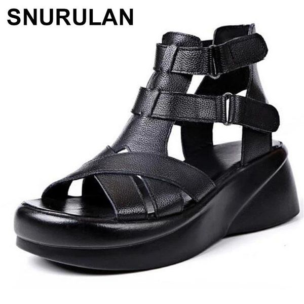 

sandals snurulan promotion2021 summer cowhide open toe roman platform wedges light heighten women sandal shoe, Black