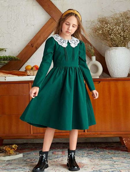 

girls contrast guipure lace peter pan collar dress she, Red;yellow