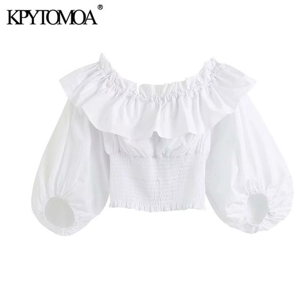 

kpytomoa women sweet fashion ruffled trims cropped blouses vintage slash neck smocked hem female shirts blusas chic 210225, White