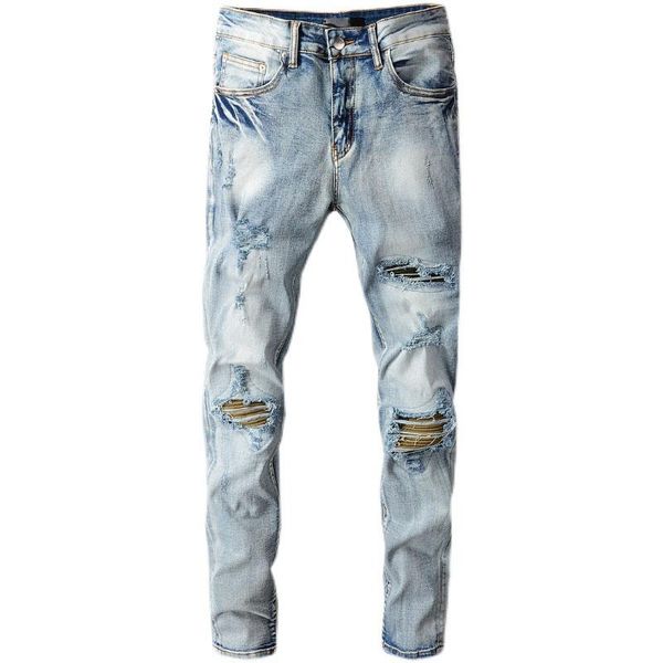 

men's jeans male high street tide light color ripped trousers camouflage patch men stretch slim slimming denim pants 674, Blue
