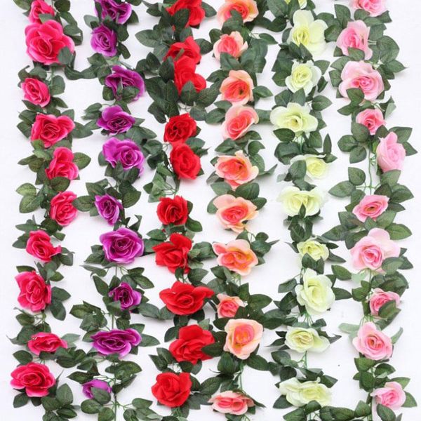 

240cm silk artificial roses flowers ivy vine string wedding decor rattan green leaves for home hanging garland wall decoration