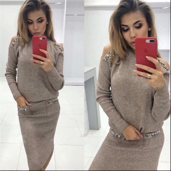 

fashion beading sweater sets autumn women 2 piece set shoulder off sweater slim high waist knitted skirt women sweater suit, Gray