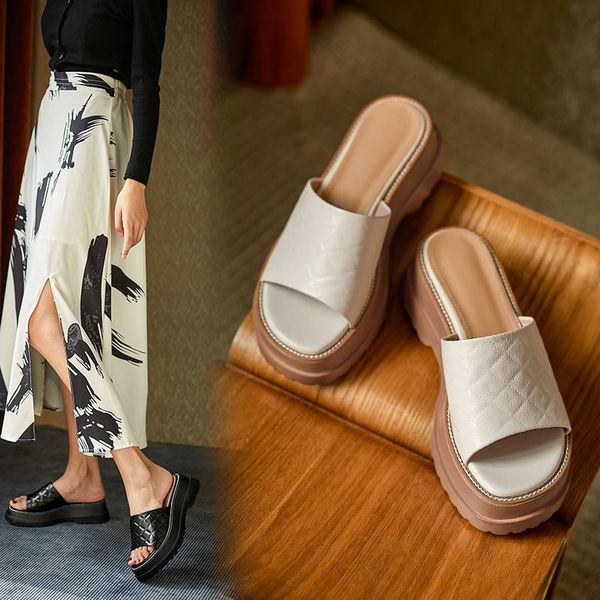 

slippers sheepskin woman office lady platform slides casual soft breathable handmade summer shoes for women large size 34-42, Black