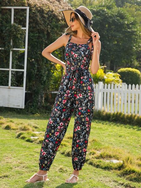 

allover floral tie shoulder belted jumpsuit o3xr#, White