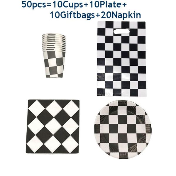 

disposable dinnerware 50-80pcs racing car driving set black and white decoration paper cups plates napkin boy birthday party decor