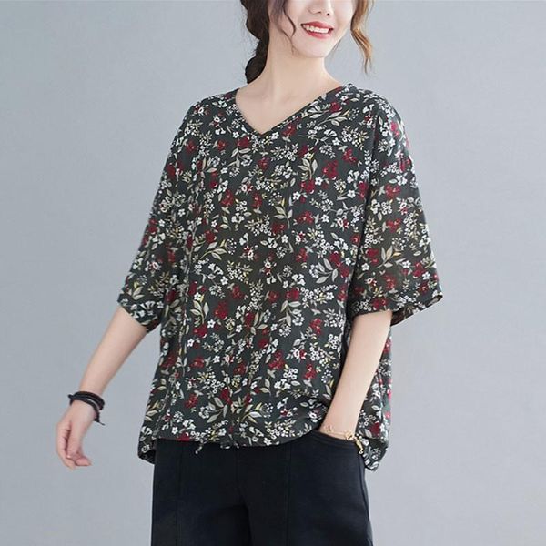 

women's t-shirt vintage style womens cotton linen v-neck 2021 summer floral print loose female tees shirt femme drawstring, White