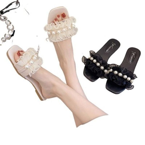 

sandals women slippers lace flowers pearls lovely girls shoes gauze pearl for 2021 open toe, Black