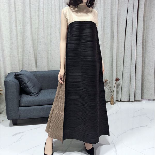 

2021 new pleated high fashion color matching turtleneck sleeveless temperament long a-line vintage aesthetic clothes tgc8, Black;gray