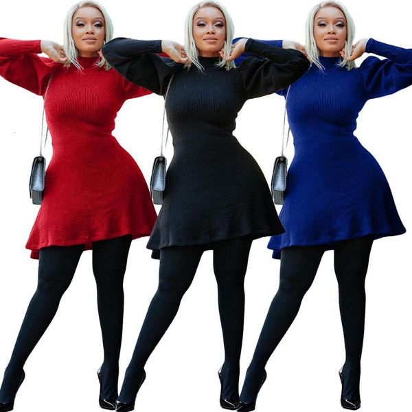 

2021 new solid color turtleneck lantern sleeve knitted sweater mini-es for women winter simple casual party clothes female vestido 87b4, Black;gray