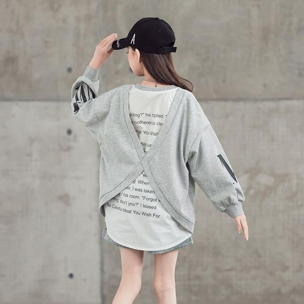 

hoodies & sweatshirts 10 12 years girls loose sweatshirt autumn fall big fashion casual faux 2 pieces patchwork hoodie, Black