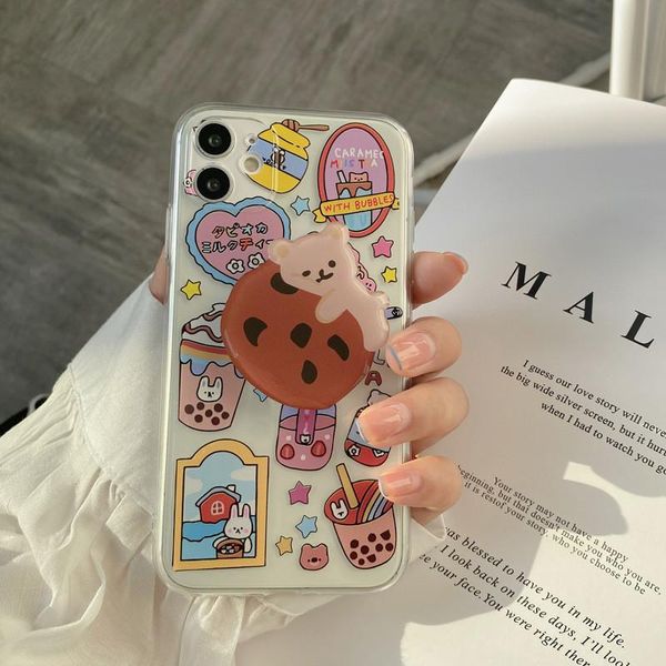 

cell phone pouches cute bear biscuit stand holder case for 12 11 7 8 plus x xr xs max se2 clear back cover soft tpu