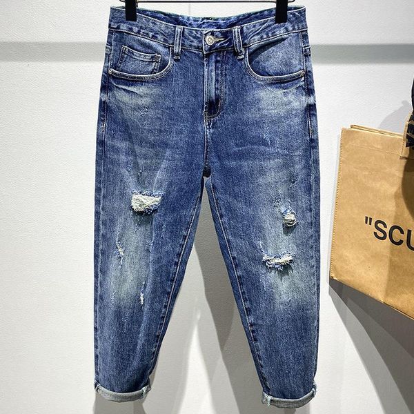 

men's jeans fashion men 2021 hole ripped pants thin torn solid cotton straight tube loose vintage washed streetwear, Blue