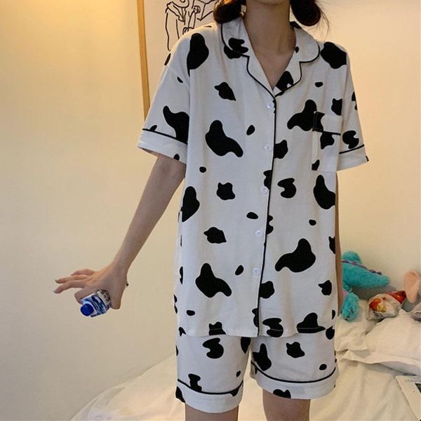 

pyjamas cute cow print pajamas cotton pijamas women casual comfortable home suit two-piece sleepwear women female summer set, Black;red
