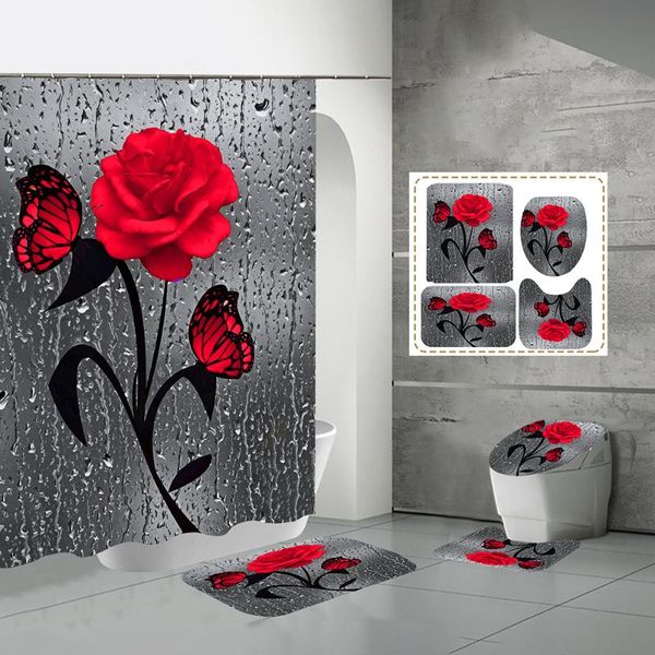 

red rose&butterfly bathroom non-slip mat set durable waterproof shower curtain set pedestal rug lid toilet cover bath mat rugs