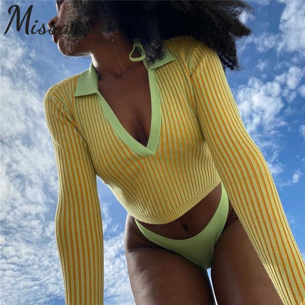 Missakso вязаная полоса урожая топ V-образным вырезом Мода Y2K Весна Летние Женщины футболка Зеленый сексуальный тощий с длинным рукавом 210625