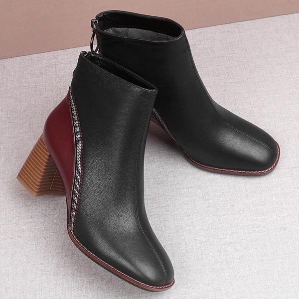 

boots plus size 41 women's genuine leather thick high heel ankle mix color patchwork side zip autumn comfort short booties shoes, Black