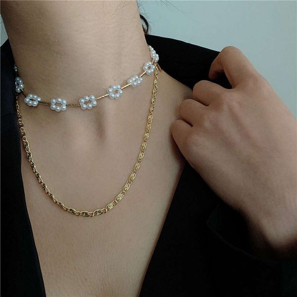 

hbp fashion south korea's new versatile hand made pearl flower clavicle chain temperament double layer short choker necklace, Silver