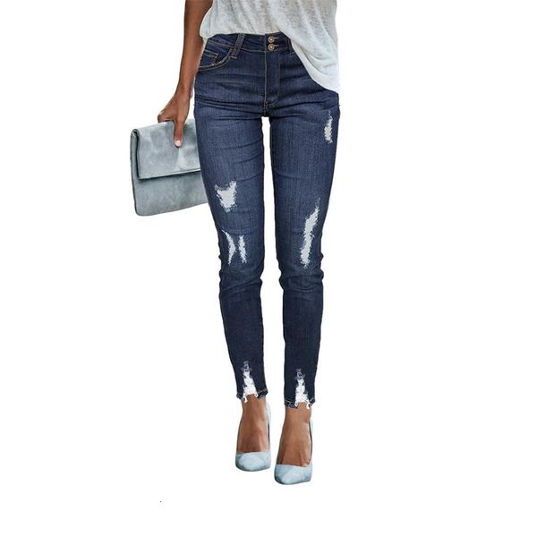 

2021 new mid waist push up denim women slim calca ladies ripped elastic ny hole vintage pants jeans eyl8, Blue