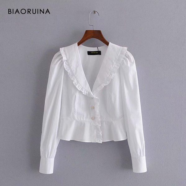 

women's blouses & shirts biaoruina white v-neck beadings single breasted sweet shirt ruffles female fashion long sleeve slim blouse