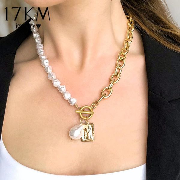 

17km vintage gold baroque pearl pendant necklace for women retro female chain choker necklace sweater necklaces jewelry gift, Silver