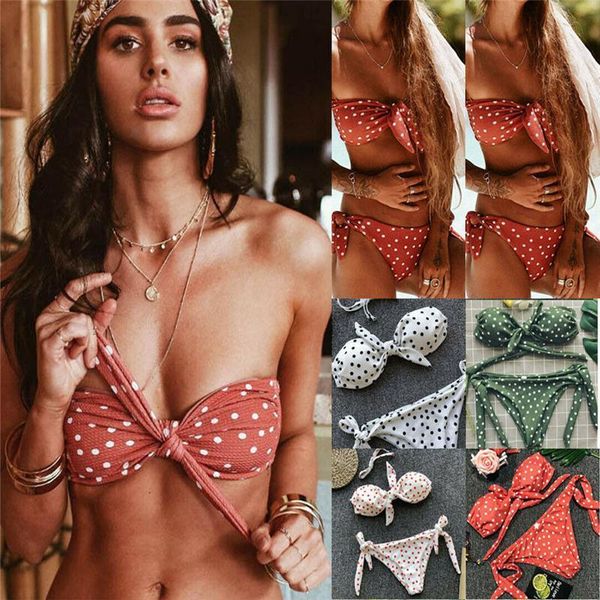 

2021 new womens polka dot bandeau bikini swimwear sets summer casual beach push-up padded swim wear bathing set, Gray