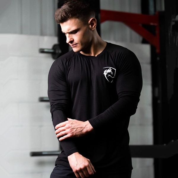

2021 new black casual long sleeves t-shirt autumn men gym fitness male running workout cotton print t shirt slim tee brand clothing nci, White;black
