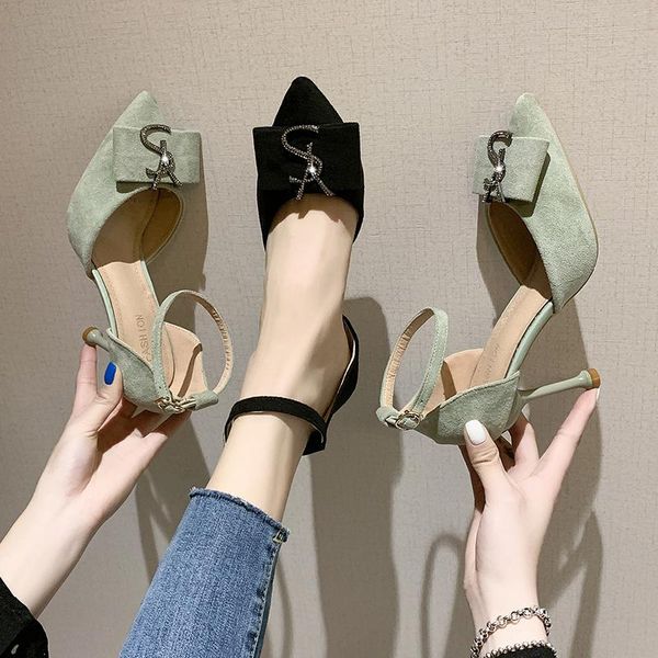 

sandals women gladiator pointed toe block strap closed shallow high heels shoes 2021 ladies korean pumps, Black