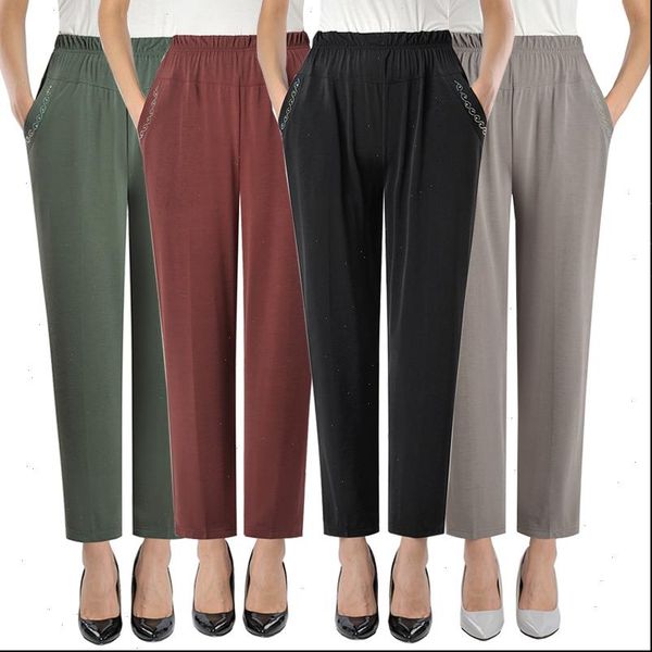 

new spring summer middl aged women pants elastic high waist casual stretch straight pants female plus size 5xl loose pants p181, Black;white