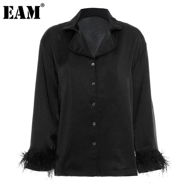 

eam] women black big size feather cuff blouse new lapel long sleeve loose fit shirt fashion tide spring autumn 2021 1dd2345, White
