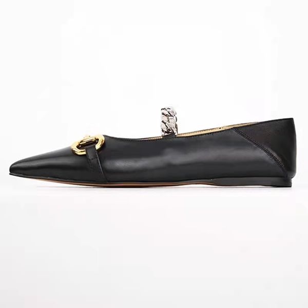 

g family's new horse clasp chain denim thin pointed shallow flat shoes girl's versatile single shoes zlh, Black