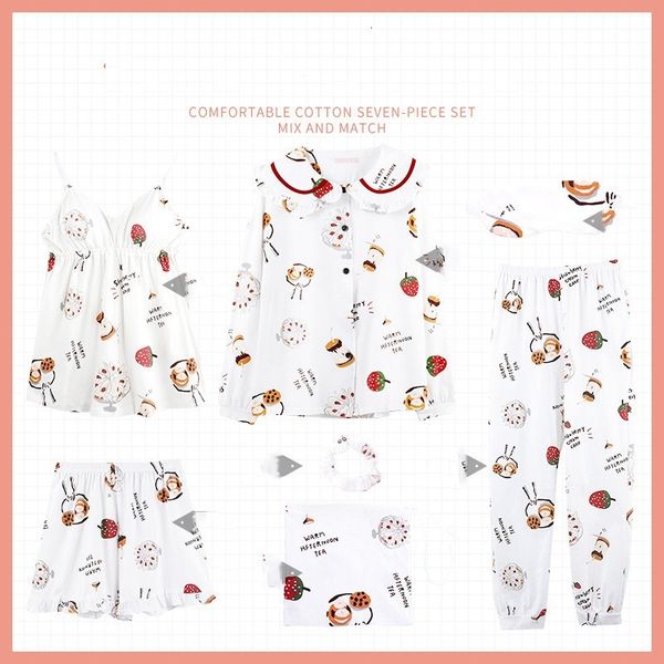 

new end 7pcs sweet printing pajamas peter necklace from a housewife dress young lady white nightwear turkey vzgi, Black;red
