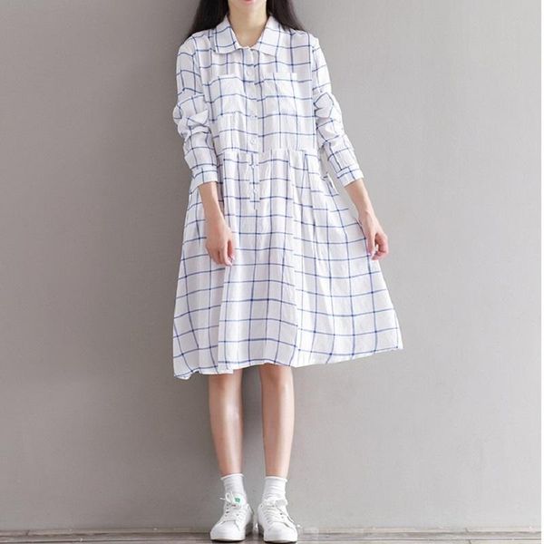 

casual dresses vintage autumn sweet women lattice dress turn-down collar long sleeve loose female robe cotton linen mori girl dresse, Black;gray