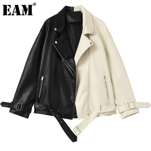 

women's jackets [eam] loose black contrast color big size pu leather jacket lapel long sleeve women coat fashion spring autumn 2021 1dd, Black;brown
